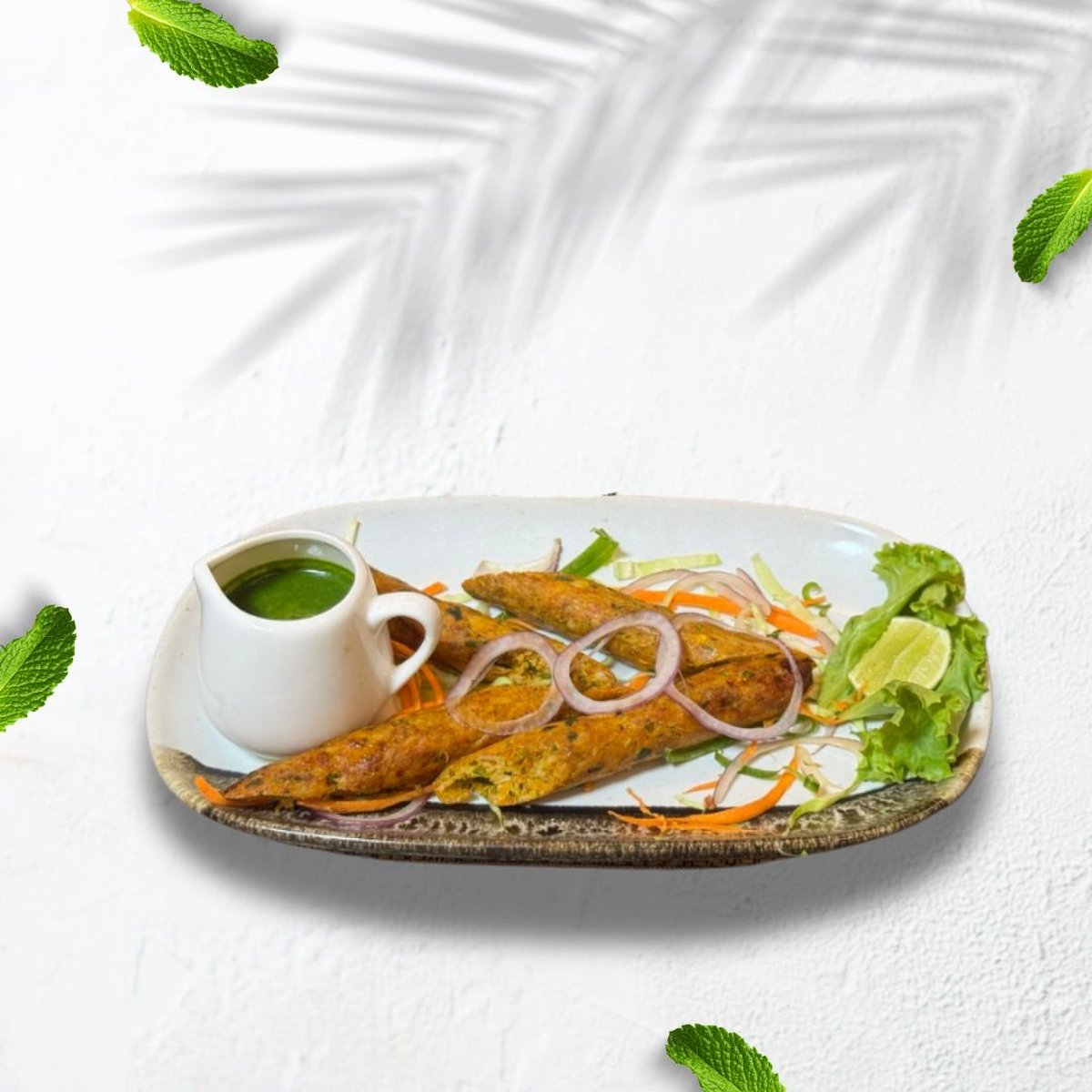 Chicken seekh kebab on a plate with chutney